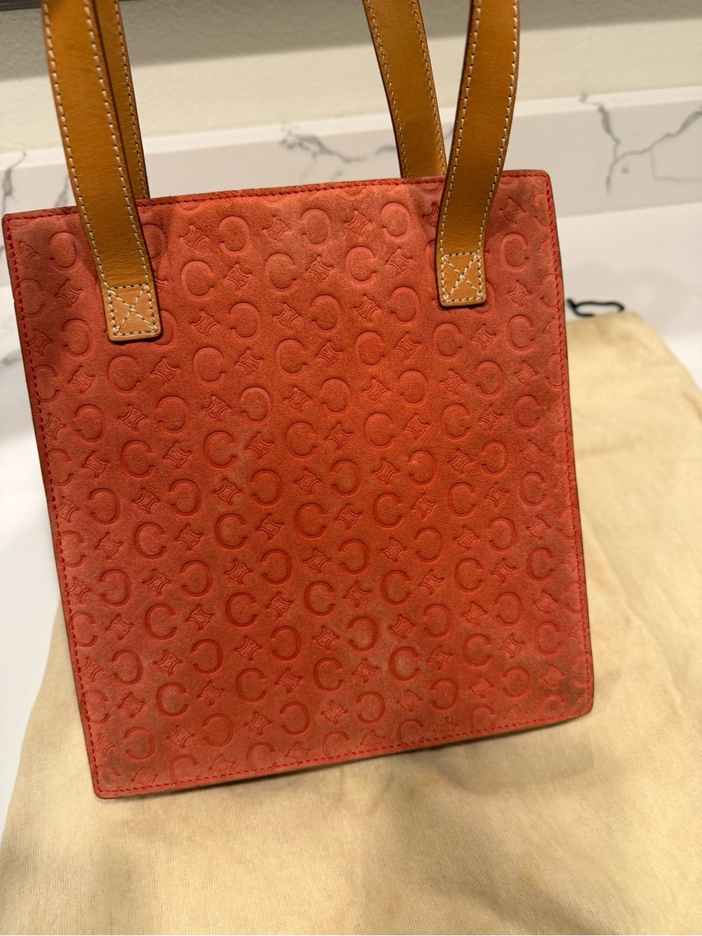 Celine Orange Suede Tote with Tan Leather Handles - Picture 5 of 12